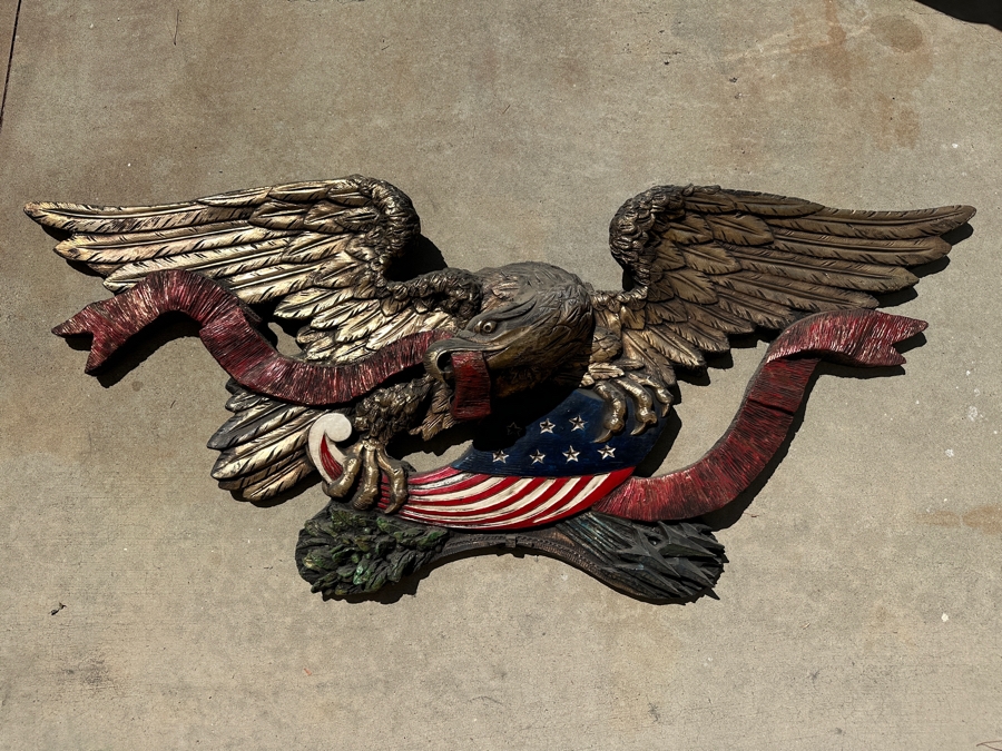 RARE Huge Vintage 1973 Finesse Orig FIBERGLASS Hand Painted 6' Wingspan Architectural American Eagle & Shield 6'W X 30'H X 10'D [Photo 3]