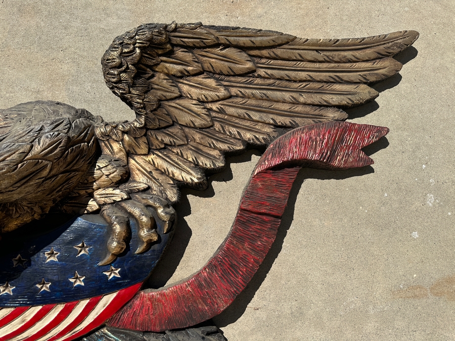 RARE Huge Vintage 1973 Finesse Orig FIBERGLASS Hand Painted 6' Wingspan Architectural American Eagle & Shield 6'W X 30'H X 10'D [Photo 10]