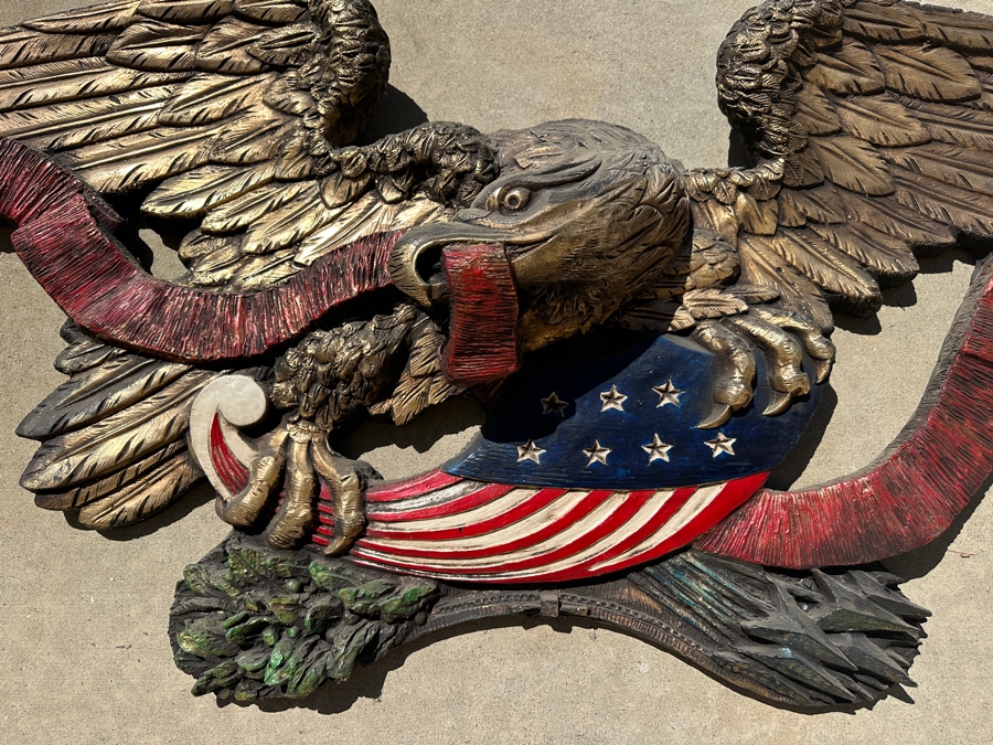 RARE Huge Vintage 1973 Finesse Orig FIBERGLASS Hand Painted 6' Wingspan Architectural American Eagle & Shield 6'W X 30'H X 10'D [Photo 6]