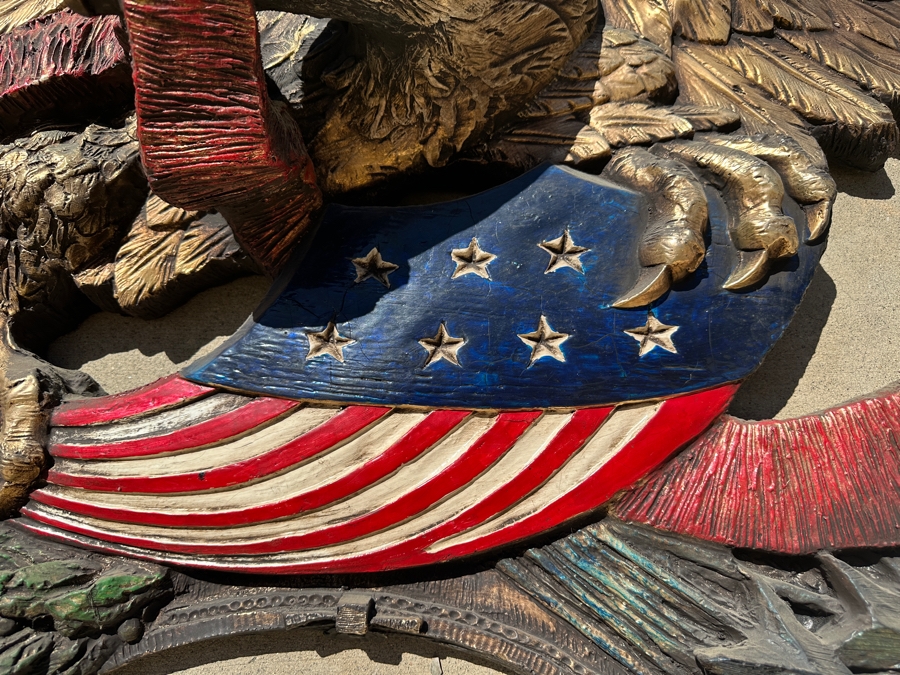 RARE Huge Vintage 1973 Finesse Orig FIBERGLASS Hand Painted 6' Wingspan Architectural American Eagle & Shield 6'W X 30'H X 10'D [Photo 8]