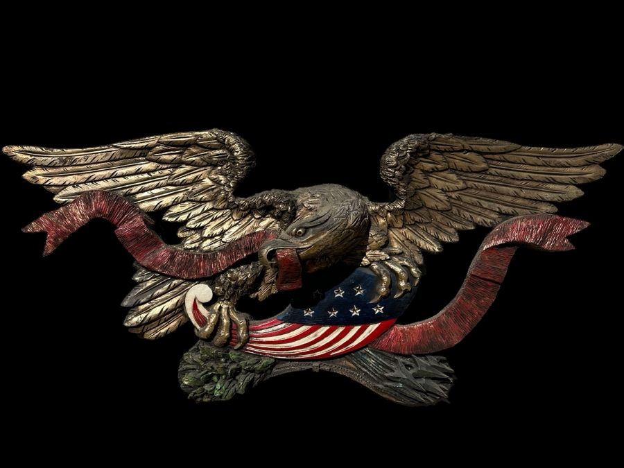RARE Huge Vintage 1973 Finesse Orig FIBERGLASS Hand Painted 6' Wingspan Architectural American Eagle & Shield 6'W X 30'H X 10'D [Photo 2]