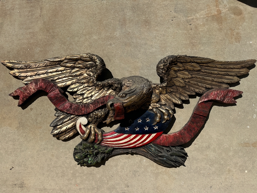 RARE Huge Vintage 1973 Finesse Orig FIBERGLASS Hand Painted 6' Wingspan Architectural American Eagle & Shield 6'W X 30'H X 10'D [Photo 4]