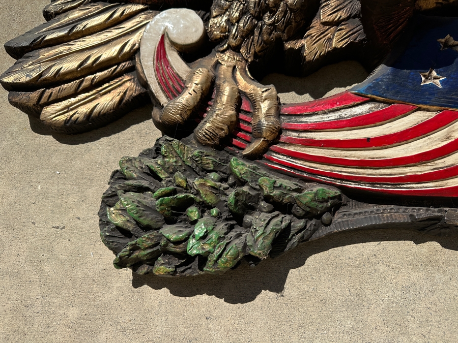 RARE Huge Vintage 1973 Finesse Orig FIBERGLASS Hand Painted 6' Wingspan Architectural American Eagle & Shield 6'W X 30'H X 10'D [Photo 12]