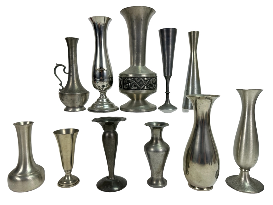 Eleven Vintage Pewter Vases Lot - See Photos [Photo 1]