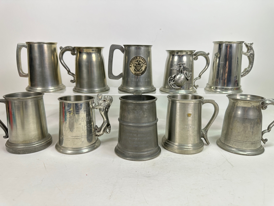 Ten Vintage Pewter Tankards Glass Bottom Lot [Photo 2]