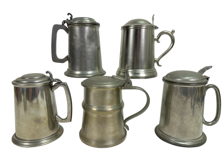 Five Vintage Pewter Tankards With Lids Lot [Photo 1]