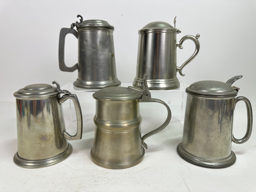 Five Vintage Pewter Tankards With Lids Lot [Photo 2]
