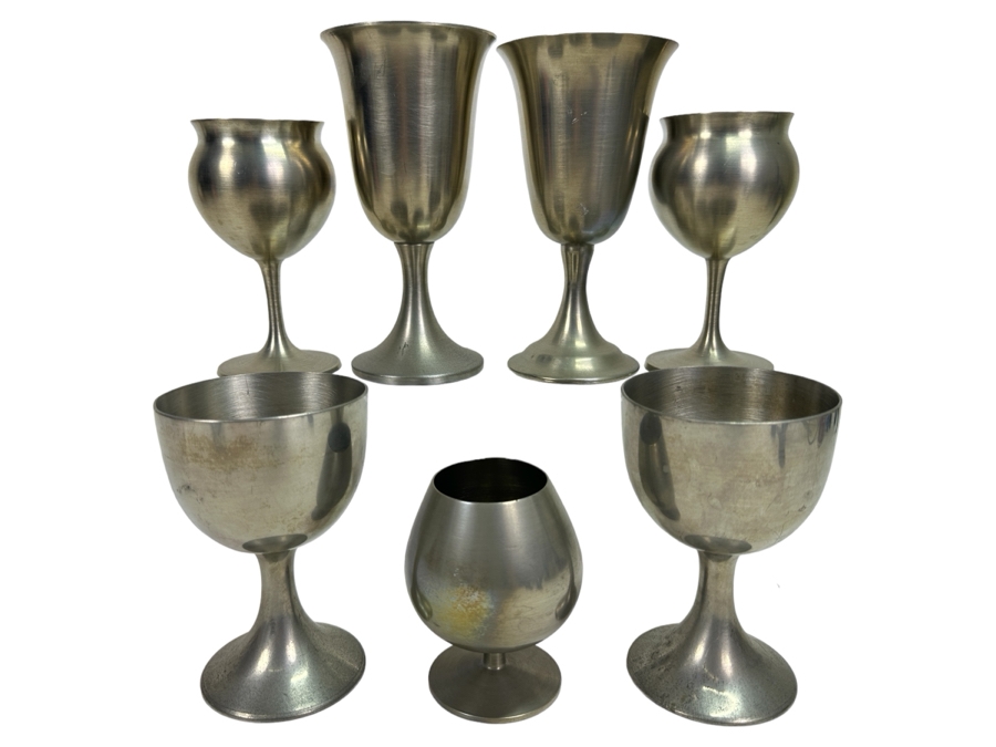 Seven Vintage Pewter Goblets Stemware Glasses - See Photos [Photo 1]