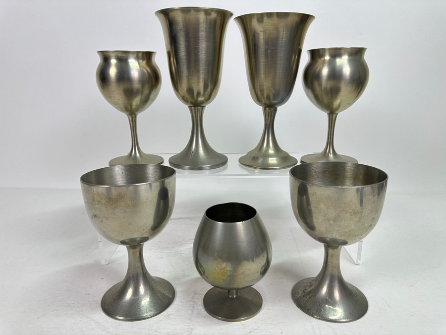 Seven Vintage Pewter Goblets Stemware Glasses - See Photos [Photo 2]