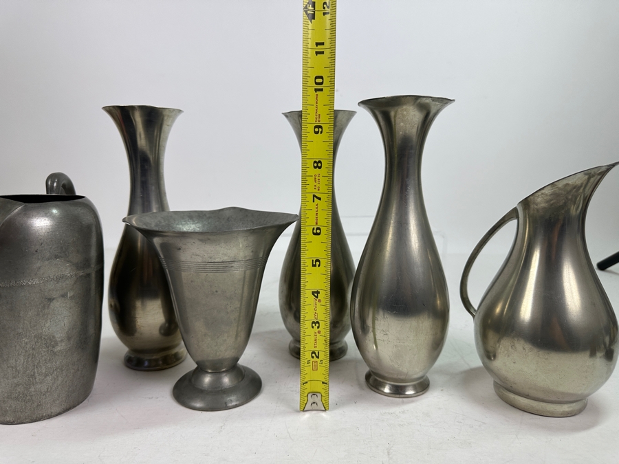 Vintage Pewter Lot: Four Vases & Two Pitchers [Photo 14]