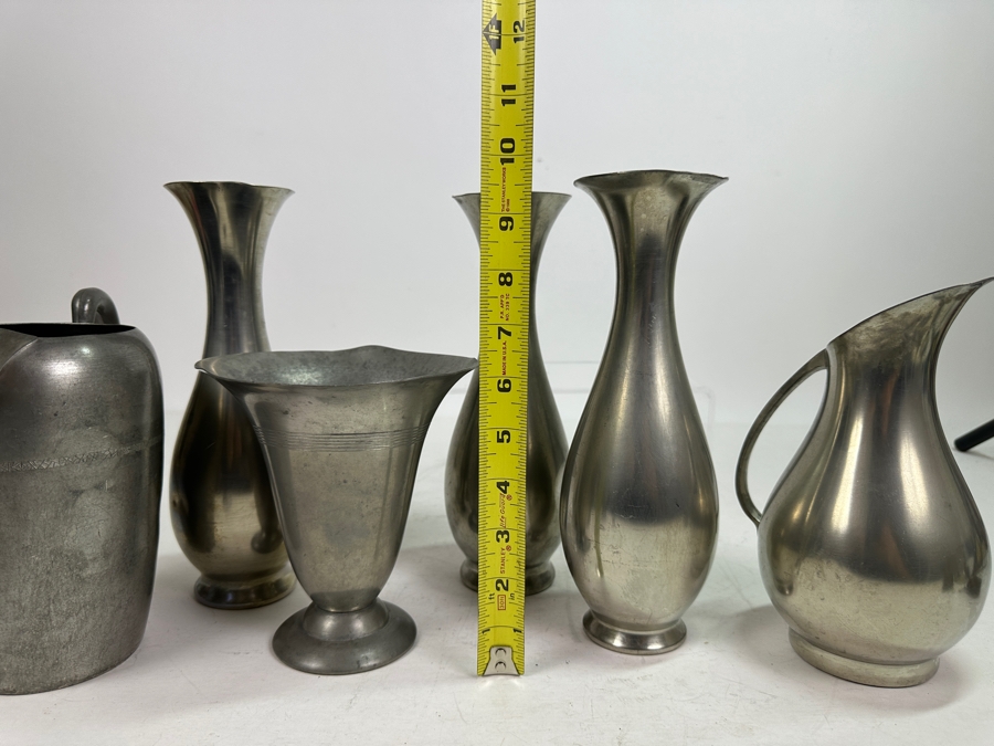 Vintage Pewter Lot: Four Vases & Two Pitchers [Photo 13]