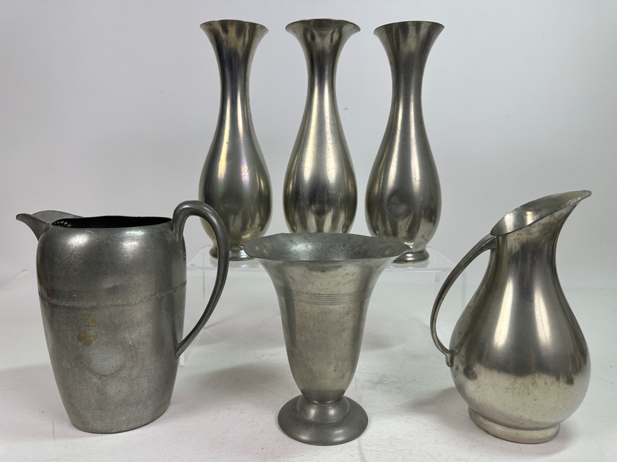 Vintage Pewter Lot: Four Vases & Two Pitchers [Photo 2]