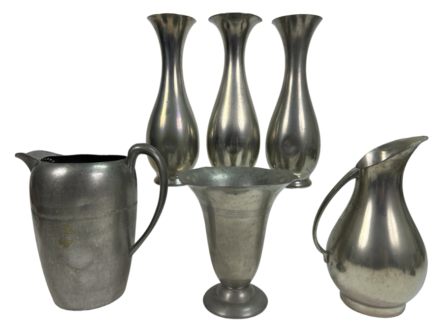 Vintage Pewter Lot: Four Vases & Two Pitchers