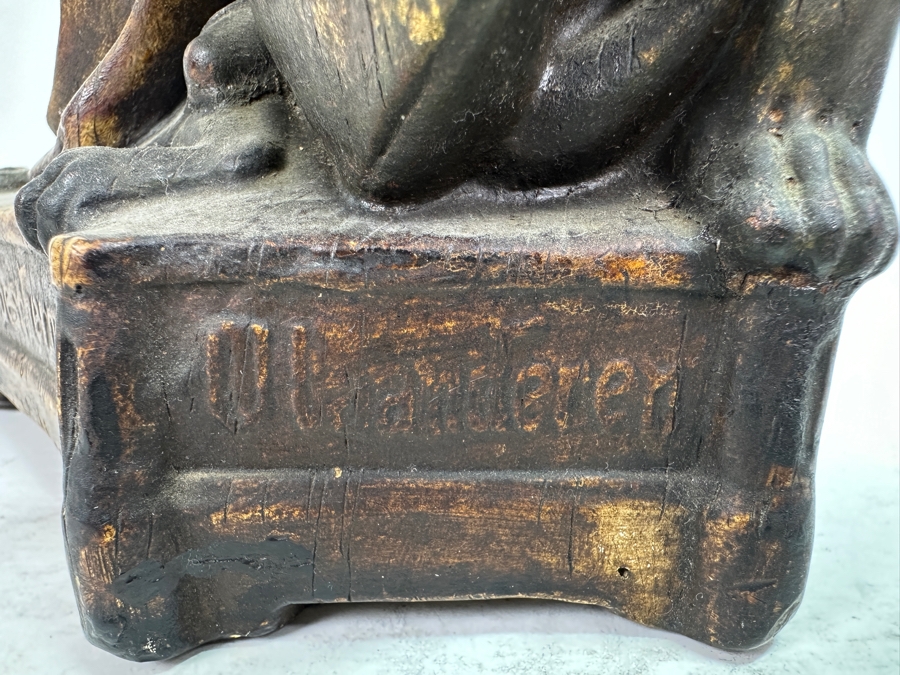 Large Vintage Polychrome Plaster Antique Virgin Mary Madonna With Child Statue Flanders Lion Written In Dutch Is 'Holy Mother Protect Our Flanders' 22'H [Photo 9]