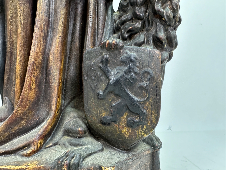 Large Vintage Polychrome Plaster Antique Virgin Mary Madonna With Child Statue Flanders Lion Written In Dutch Is 'Holy Mother Protect Our Flanders' 22'H [Photo 8]