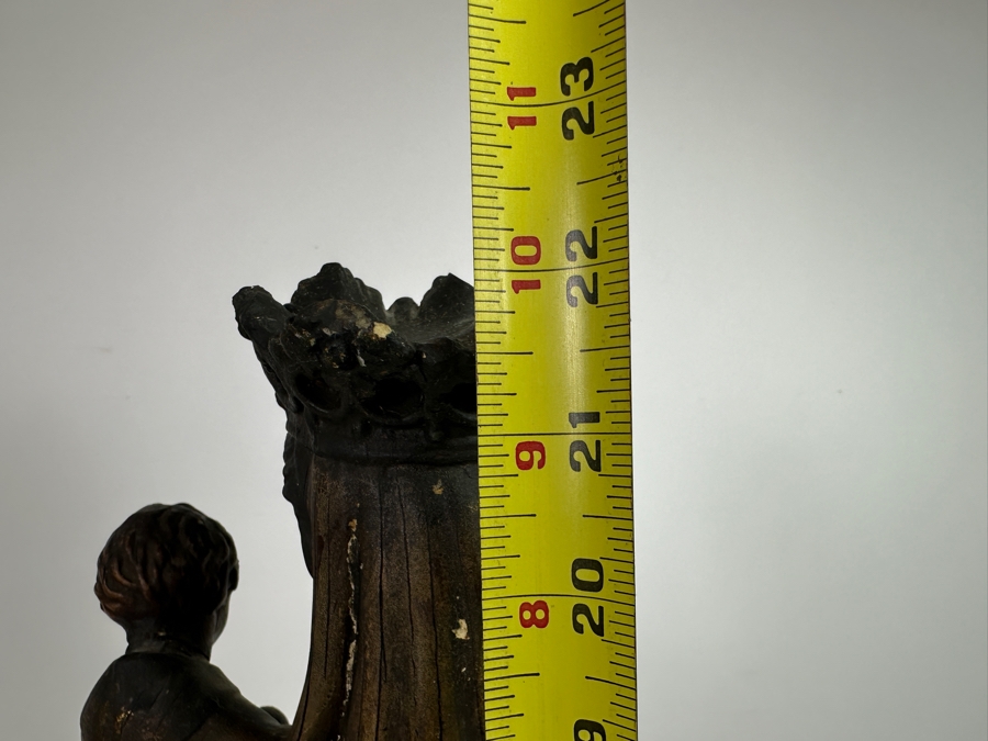 Large Vintage Polychrome Plaster Antique Virgin Mary Madonna With Child Statue Flanders Lion Written In Dutch Is 'Holy Mother Protect Our Flanders' 22'H [Photo 13]
