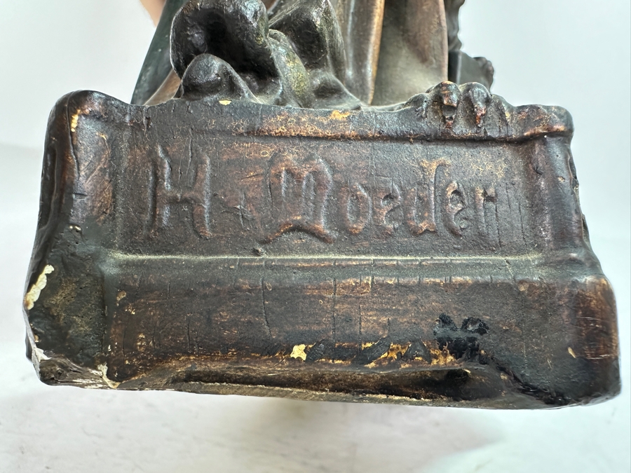 Large Vintage Polychrome Plaster Antique Virgin Mary Madonna With Child Statue Flanders Lion Written In Dutch Is 'Holy Mother Protect Our Flanders' 22'H [Photo 10]