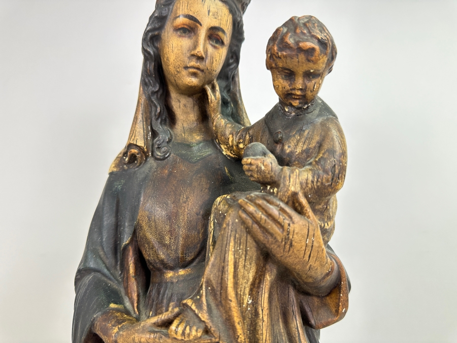 Large Vintage Polychrome Plaster Antique Virgin Mary Madonna With Child Statue Flanders Lion Written In Dutch Is 'Holy Mother Protect Our Flanders' 22'H [Photo 3]