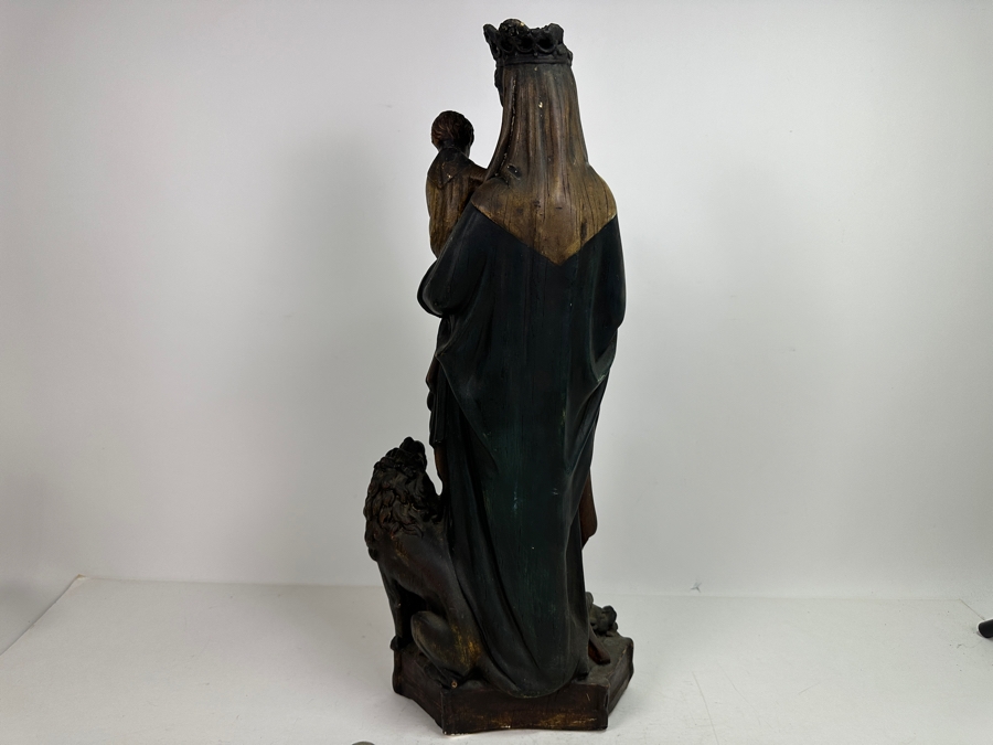 Large Vintage Polychrome Plaster Antique Virgin Mary Madonna With Child Statue Flanders Lion Written In Dutch Is 'Holy Mother Protect Our Flanders' 22'H [Photo 12]