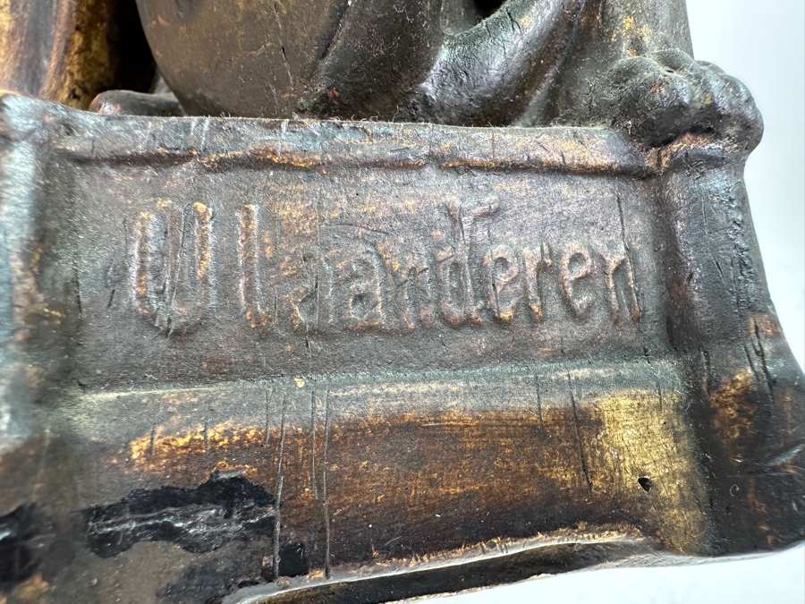 Large Vintage Polychrome Plaster Antique Virgin Mary Madonna With Child Statue Flanders Lion Written In Dutch Is 'Holy Mother Protect Our Flanders' 22'H [Photo 11]