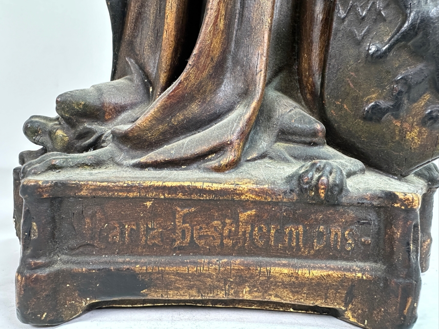 Large Vintage Polychrome Plaster Antique Virgin Mary Madonna With Child Statue Flanders Lion Written In Dutch Is 'Holy Mother Protect Our Flanders' 22'H [Photo 6]