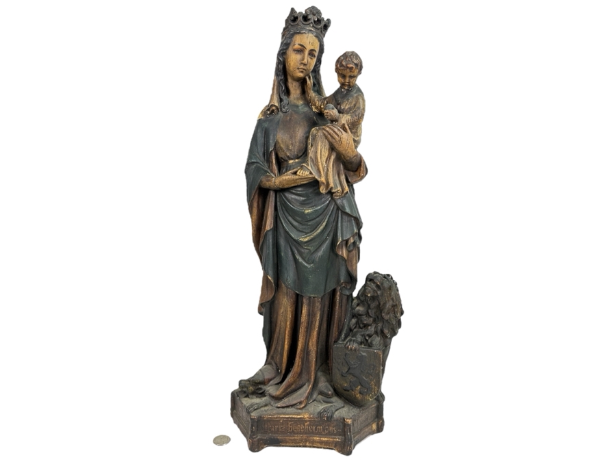 Large Vintage Polychrome Plaster Antique Virgin Mary Madonna With Child Statue Flanders Lion Written In Dutch Is 'Holy Mother Protect Our Flanders' 22'H