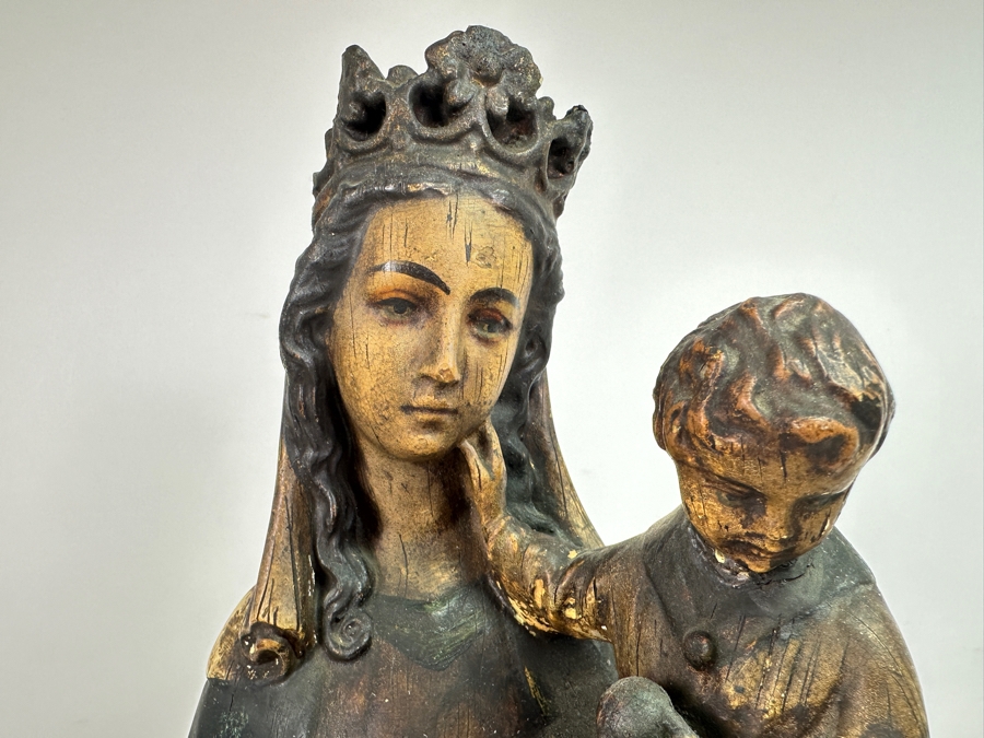 Large Vintage Polychrome Plaster Antique Virgin Mary Madonna With Child Statue Flanders Lion Written In Dutch Is 'Holy Mother Protect Our Flanders' 22'H [Photo 4]