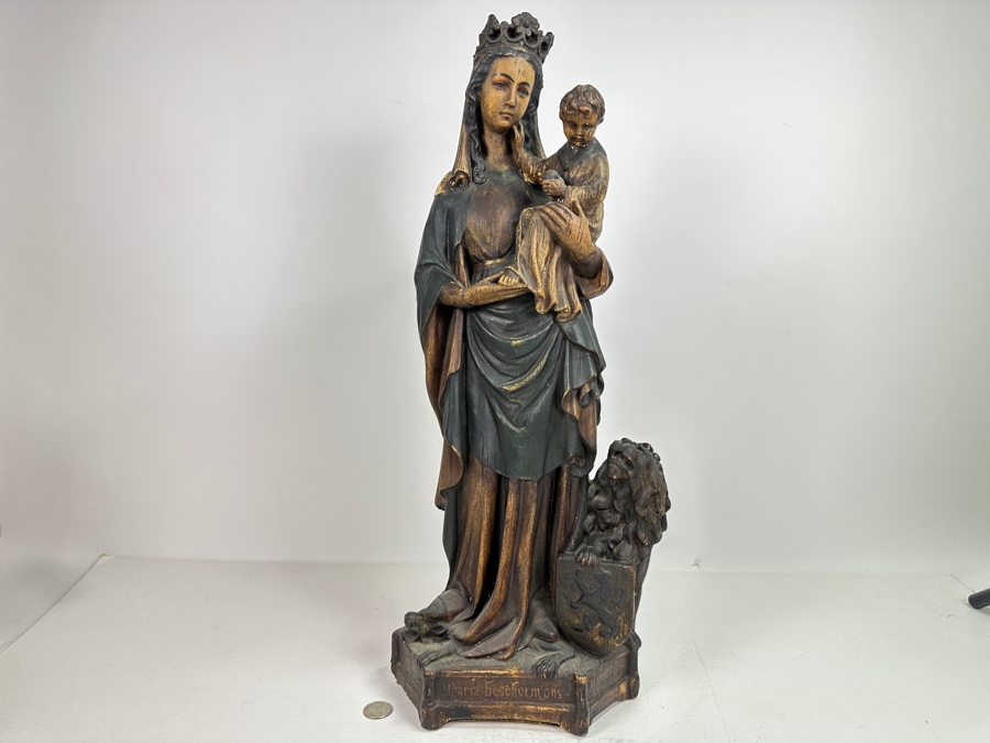Large Vintage Polychrome Plaster Antique Virgin Mary Madonna With Child Statue Flanders Lion Written In Dutch Is 'Holy Mother Protect Our Flanders' 22'H [Photo 2]