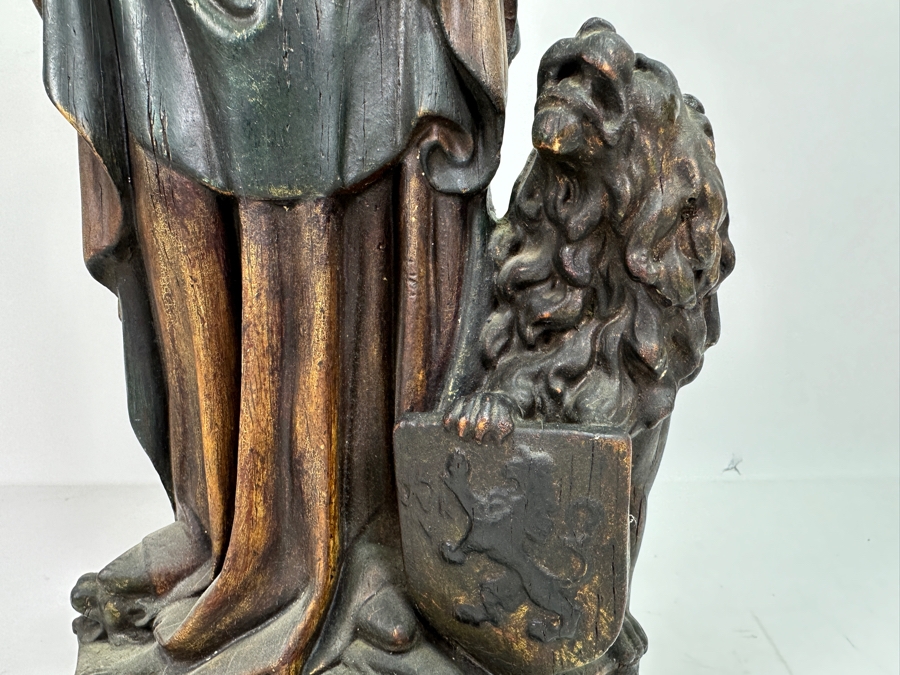 Large Vintage Polychrome Plaster Antique Virgin Mary Madonna With Child Statue Flanders Lion Written In Dutch Is 'Holy Mother Protect Our Flanders' 22'H [Photo 5]