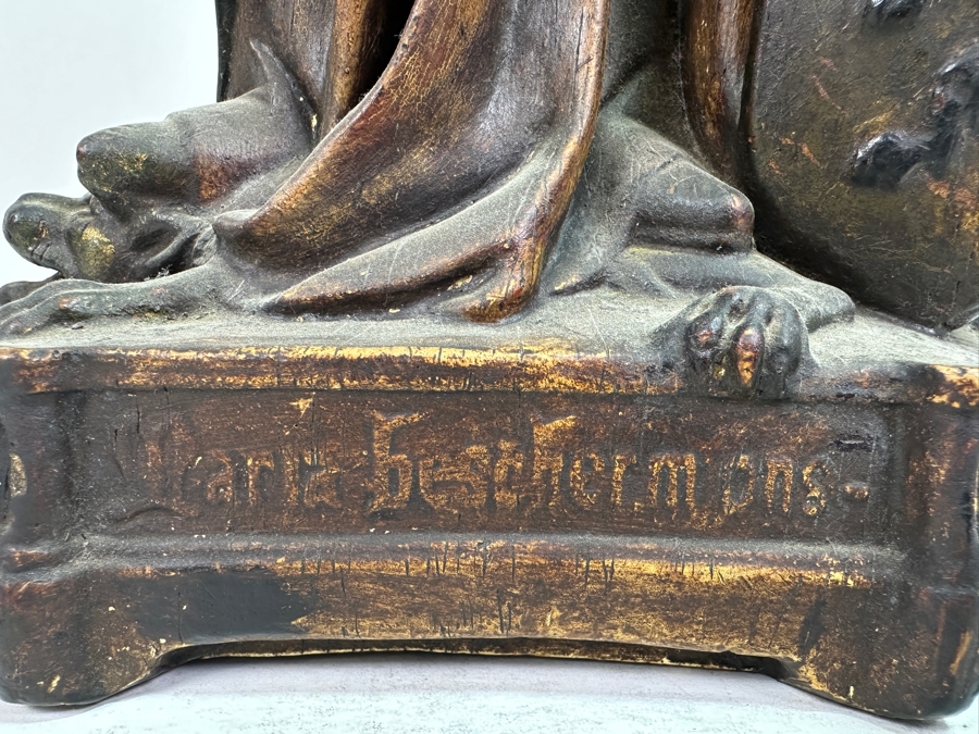 Large Vintage Polychrome Plaster Antique Virgin Mary Madonna With Child Statue Flanders Lion Written In Dutch Is 'Holy Mother Protect Our Flanders' 22'H [Photo 7]