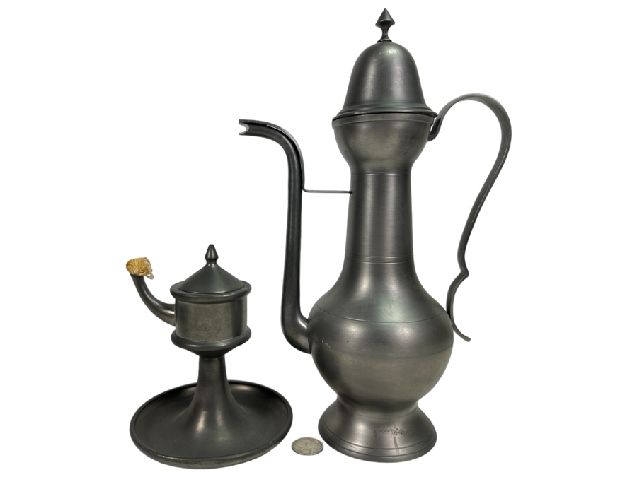 Vintage Pewter Handled Pitcher Vessel With Lid 12.5H & Vintage Pewter Oil Lamp 6H