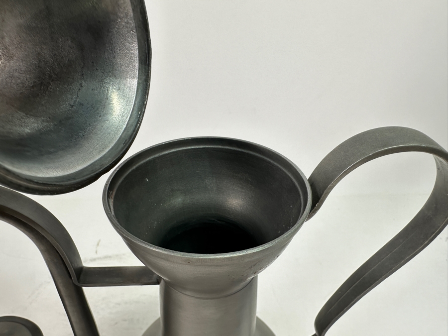 Vintage Pewter Handled Pitcher Vessel With Lid 12.5H & Vintage Pewter Oil Lamp 6H [Photo 4]