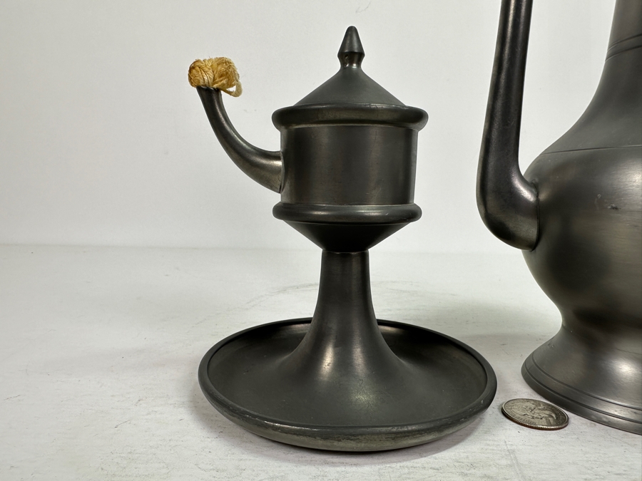 Vintage Pewter Handled Pitcher Vessel With Lid 12.5H & Vintage Pewter Oil Lamp 6H [Photo 3]