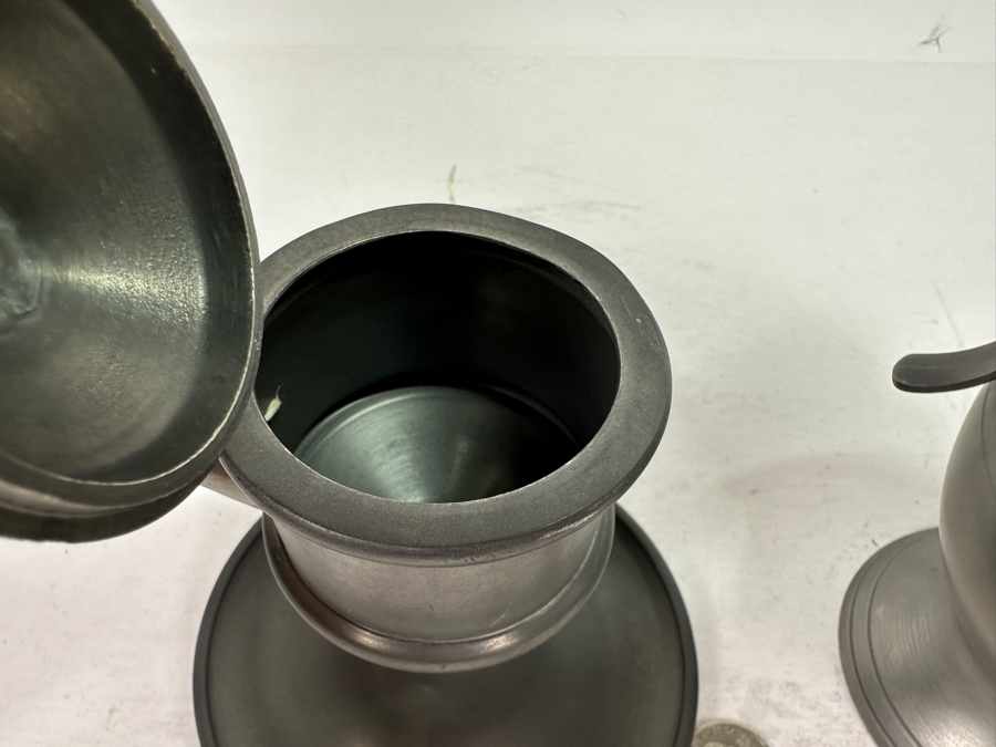 Vintage Pewter Handled Pitcher Vessel With Lid 12.5H & Vintage Pewter Oil Lamp 6H [Photo 8]