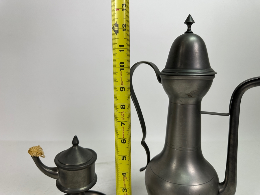 Vintage Pewter Handled Pitcher Vessel With Lid 12.5H & Vintage Pewter Oil Lamp 6H [Photo 9]