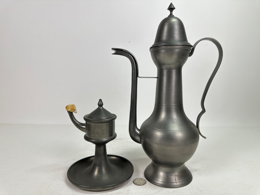 Vintage Pewter Handled Pitcher Vessel With Lid 12.5H & Vintage Pewter Oil Lamp 6H [Photo 2]