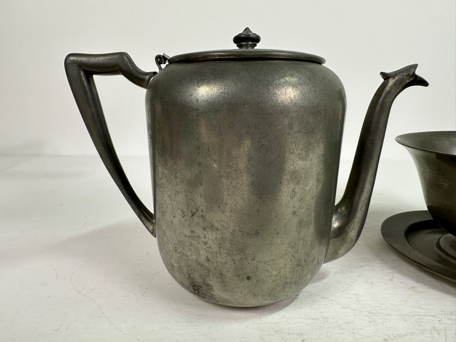 Vintage Pewter Italian Plate, Old English Pewter Pitcher & Colonial Pewter Burbank Calif. Bowl With Attached Underplate [Photo 6]