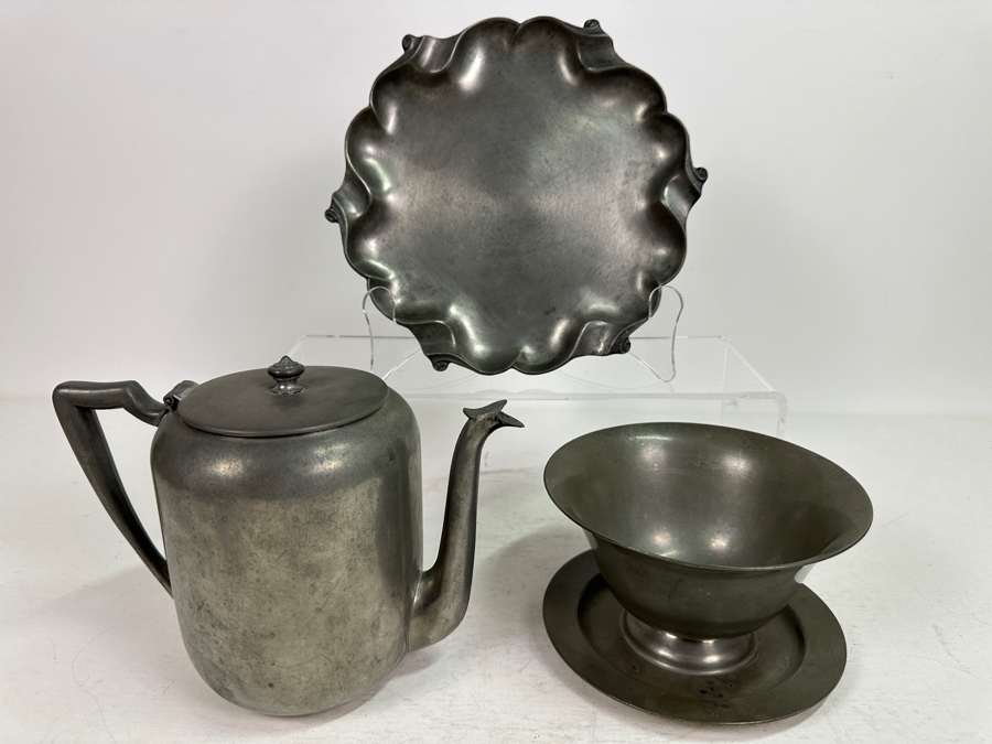 Vintage Pewter Italian Plate, Old English Pewter Pitcher & Colonial Pewter Burbank Calif. Bowl With Attached Underplate [Photo 2]