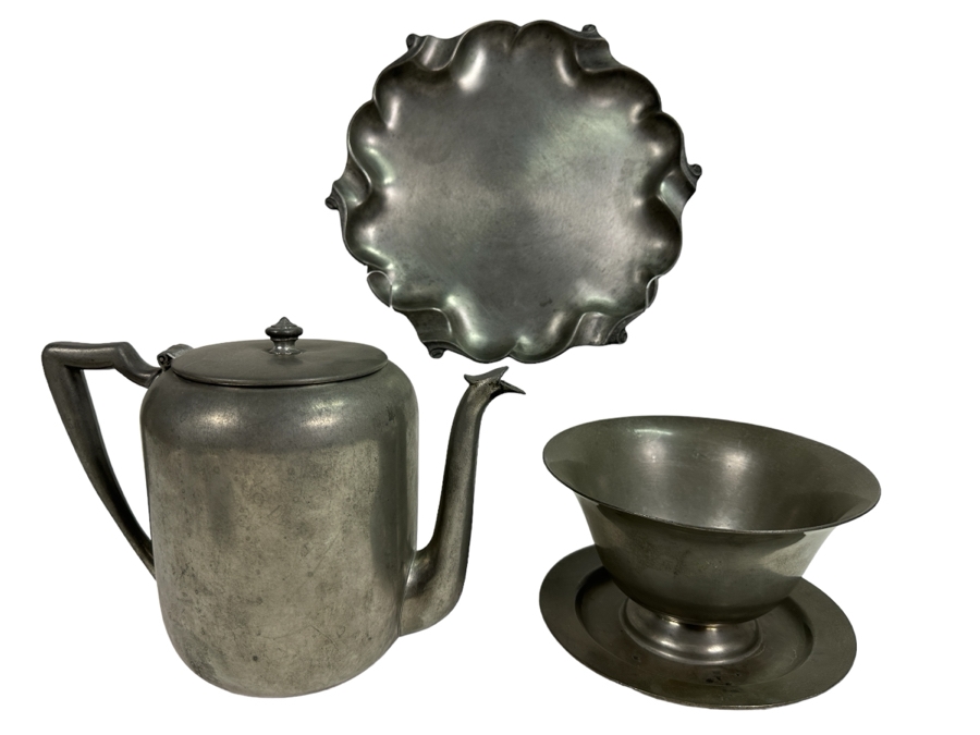 Vintage Pewter Italian Plate, Old English Pewter Pitcher & Colonial Pewter Burbank Calif. Bowl With Attached Underplate