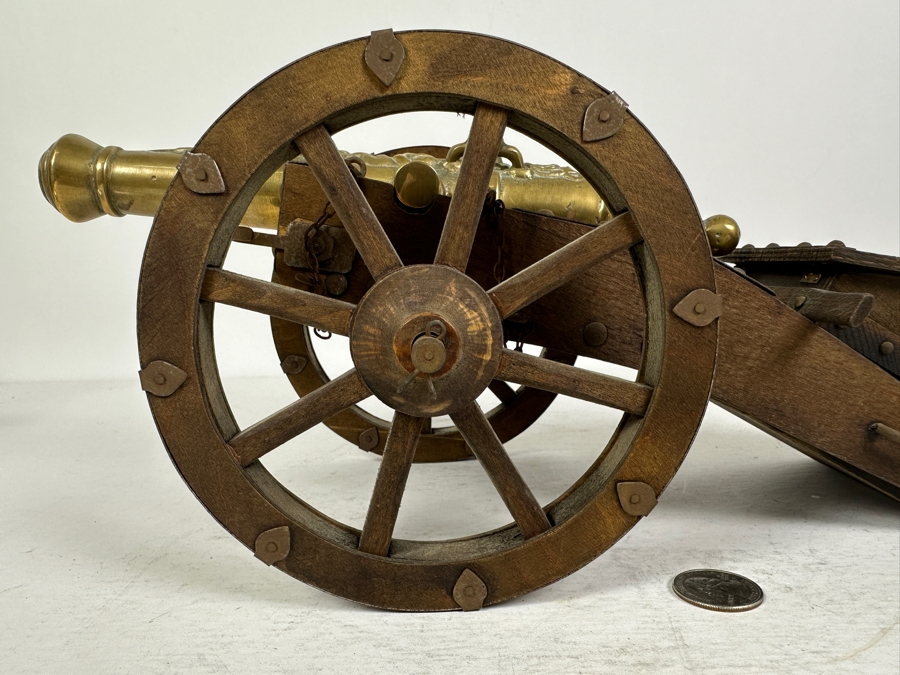 Large Vintage Italian Solid Brass Field Cannon Model With Wooden Carriage Cart Made In Italy 16'L X 6'H [Photo 14]