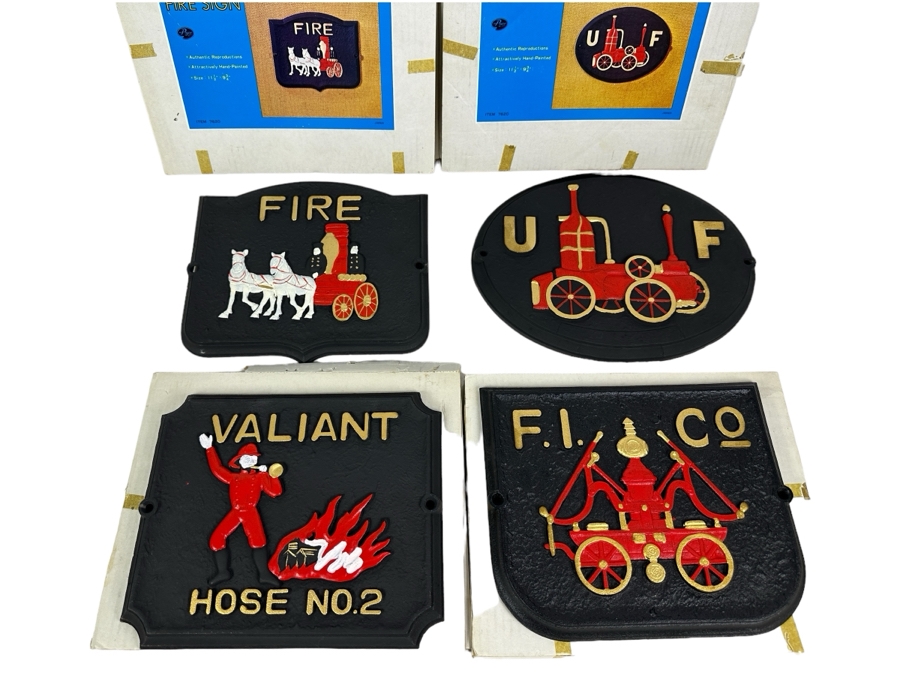 Set Of Four Authentic Reproduction Cast Iron Fire Signs With Original Boxes 11.5' X 9.75'