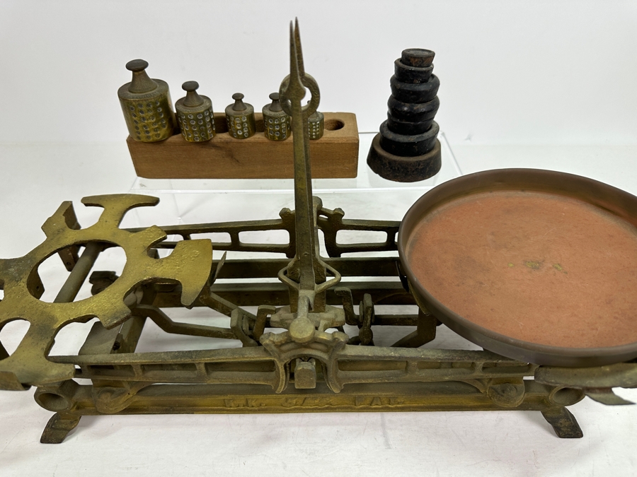 Antique Cast Iron Balance Scale K. K. 20'W With Set Of Antique Brass Weights And Cast Iron Weights [Photo 5]