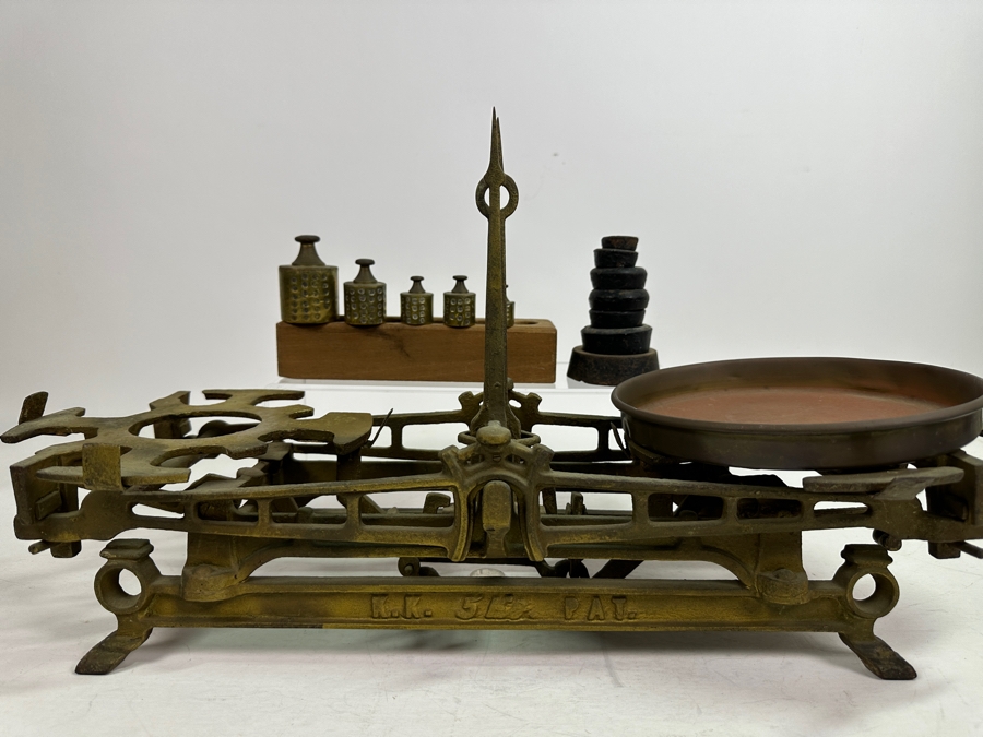 Antique Cast Iron Balance Scale K. K. 20'W With Set Of Antique Brass Weights And Cast Iron Weights [Photo 3]
