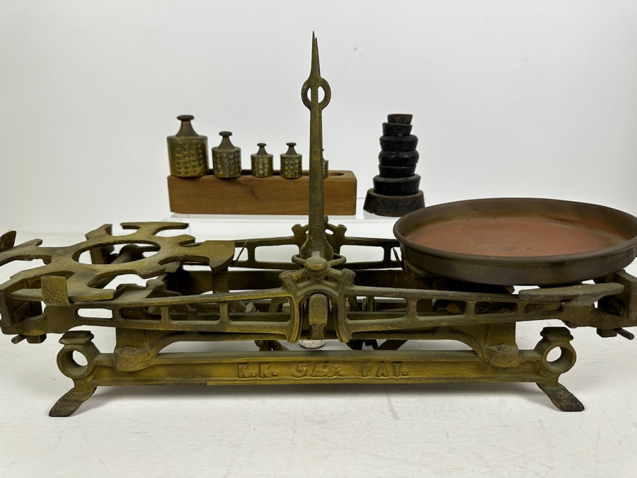 Antique Cast Iron Balance Scale K. K. 20'W With Set Of Antique Brass Weights And Cast Iron Weights [Photo 2]