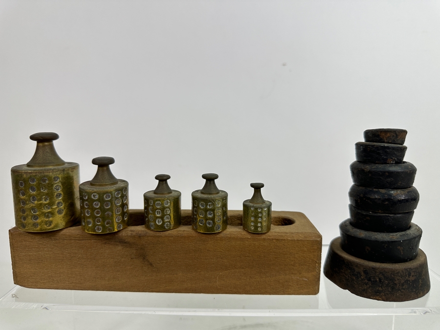 Antique Cast Iron Balance Scale K. K. 20'W With Set Of Antique Brass Weights And Cast Iron Weights [Photo 6]