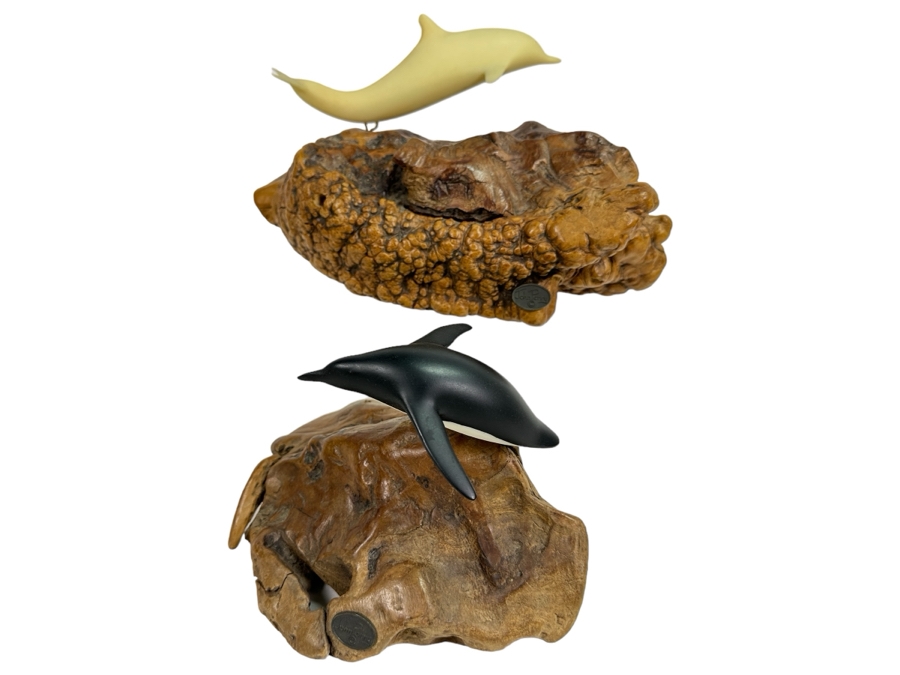 Pair Of John Perry Marine Life Plastic Sculptures On Burled Walnut Bases 8.5W & 11W