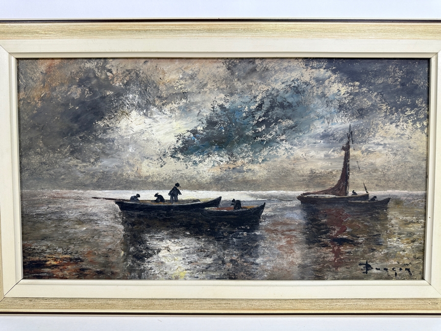 Original Nautical Marina Painting On Board Artist Signed 17.5 X 10 Framed [Photo 3]