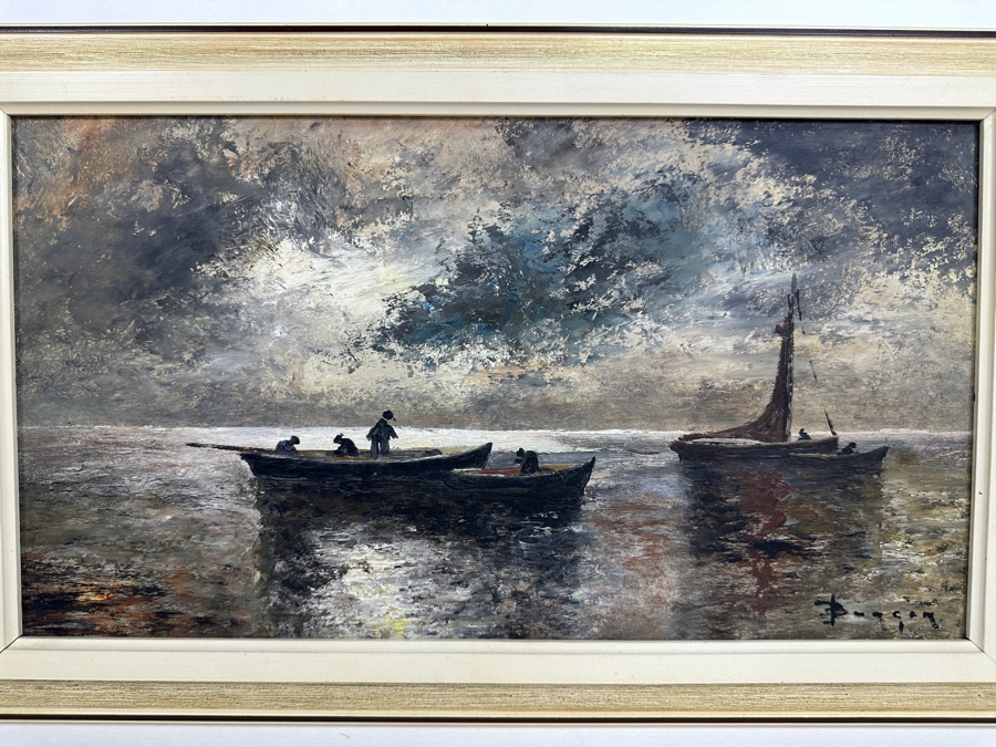 Original Nautical Marina Painting On Board Artist Signed 17.5 X 10 Framed [Photo 4]