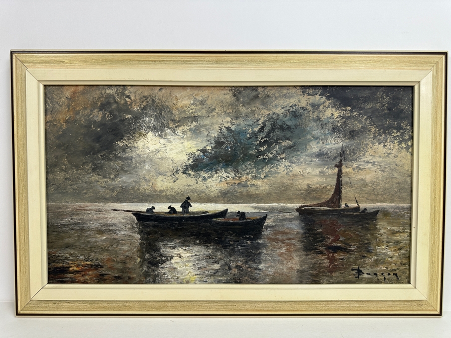 Original Nautical Marina Painting On Board Artist Signed 17.5 X 10 Framed [Photo 2]