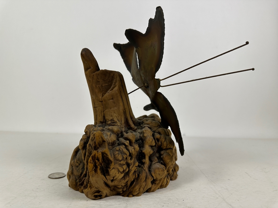 Vintage Signed Butterfly Sculpture On Burlwood Base Signed Stasi 1978 8.5'W X 8.25'H [Photo 4]